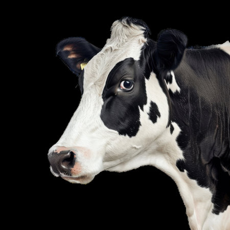 Black and white cow portrait against dark backgroundの素材