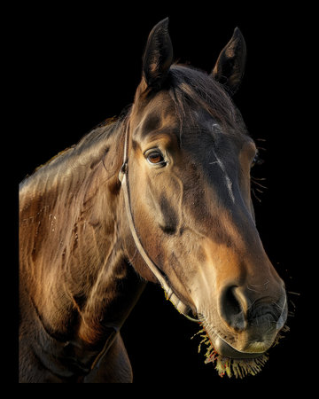 Close-up of a brown horse with a bridle during sunsetの素材