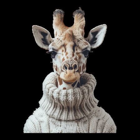 Giraffe wearing a cozy sweater against a black backgroundの素材