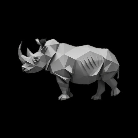 Low-poly rhinoceros model displayed on a black backgroundの素材
