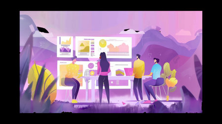 Team collaborating on data analysis in a vibrant workspaceの素材