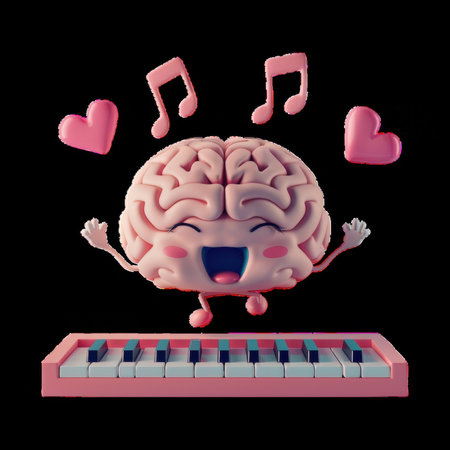 Cartoon brain plays piano with music notes & heartsの素材