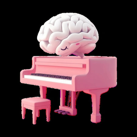 A whimsical brain character playing a pink pianoの素材