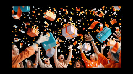 Joyful celebration with confetti and flying gifts in the airの素材