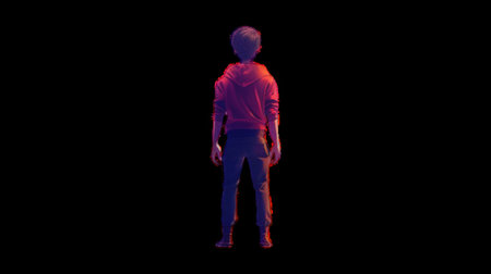 A young boy stands alone in a dark environment at nightの素材