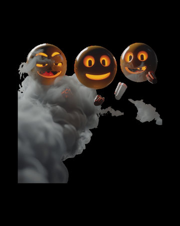 Colorful emojis floating above a smoky background at nightの素材