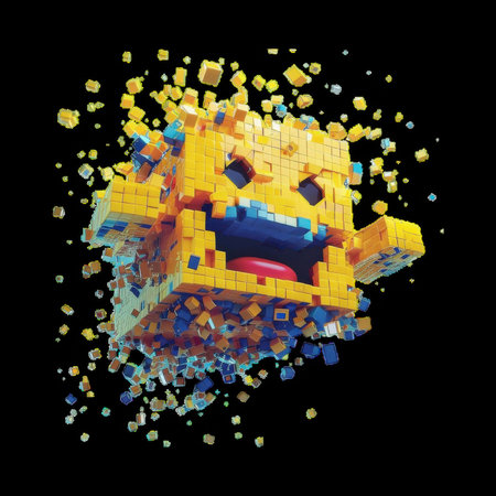 Colorful pixelated character floating in a dark backdropの素材