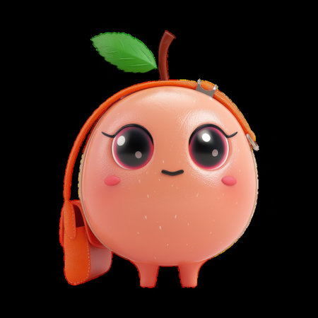 Cute animated character designed as a peach with a purseの素材