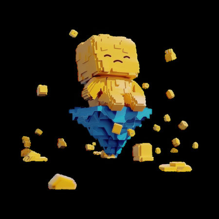 Digital character on blue pyramid with yellow blocksの素材