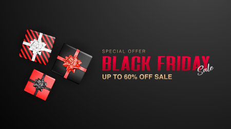Black Friday sale banner with gift boxes on black background. Vector illustration.