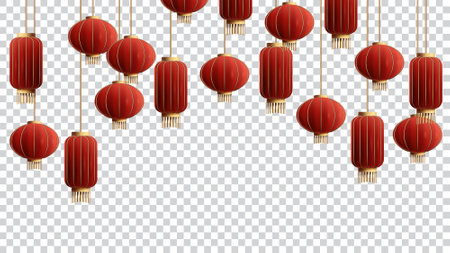 Chinese New Year Red Lanterns on Transparent Background. Vector Illustrationのイラスト素材