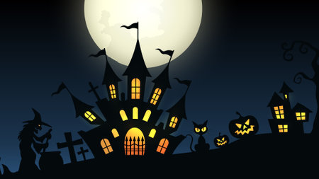 Halloween background with castle, bats and moon. Vector illustration.のイラスト素材
