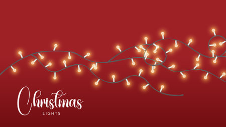 Christmas lights on red background. Vector illustration. Glowing garland.のイラスト素材