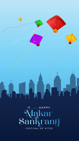 Happy Makar Sankranti festival in India with kites flying in the skyのイラスト素材
