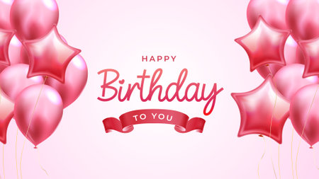 Happy birthday greeting card with pink balloons and ribbon. Vector illustration.のイラスト素材