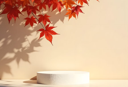 Maple leaves and podium across beige backdrop, autumn fall conceptの素材