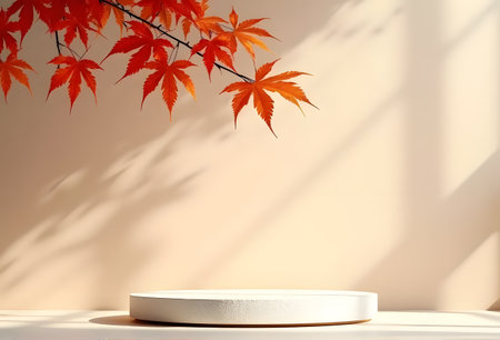 Maple leaves and podium across beige backdrop, autumn fall conceptの素材
