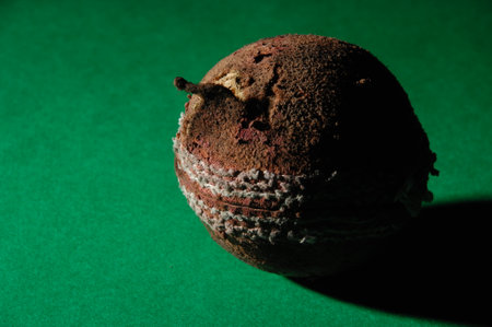 Cricket ball on a green background. Close-up.の写真素材