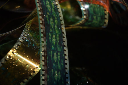 Cinema film strip on black background, close-up.の写真素材