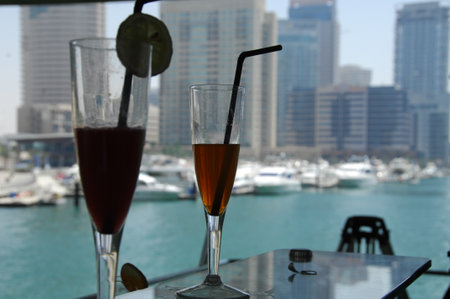 Two glasses of wine on the yacht in Dubai Marina, United Arab Emiratesの写真素材