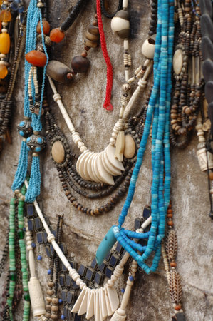 Beads and necklaces for sale at a market in Indiaの写真素材