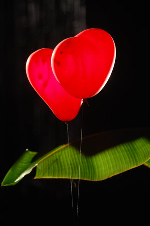 Red heart-shaped balloons on a dark background. Valentine's Day.の写真素材