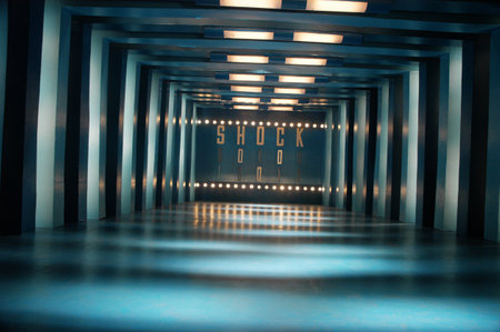 Futuristic corridor with glowing lights. 3D Rendering.の写真素材