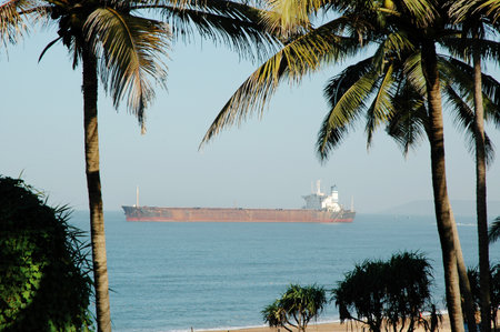 Cargo ship in the sea with palm trees in the background.の写真素材