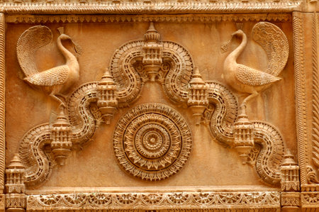 Detail of the ornate wall in Amber Fort, Rajasthan, Indiaの写真素材