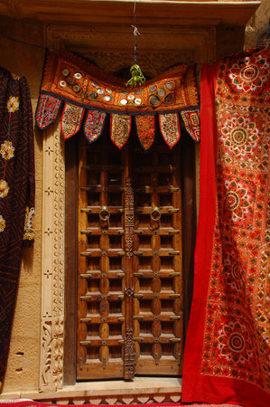 Traditional arabic wooden door in Fez, Morocco, Africaの写真素材