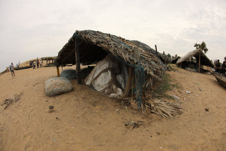 Fisherman's hut on the beachの写真素材