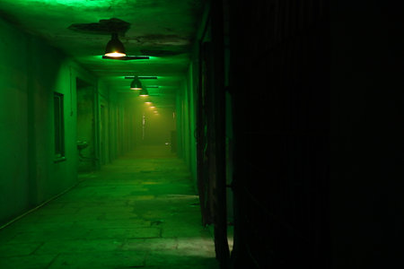 Light at the end of the corridor in a dark room with a green lightの写真素材