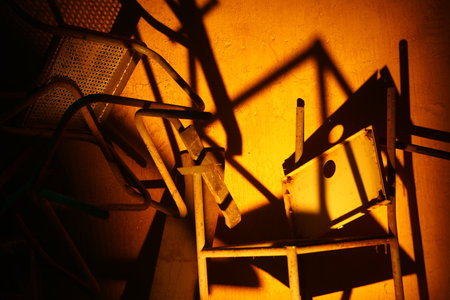 wooden ladder in the light of the lamp, closeup of photoの写真素材