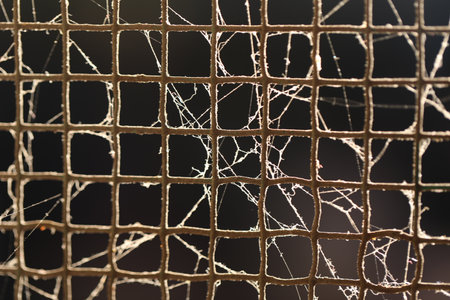 Spider web on a metal lattice. Close-up. Macroの写真素材