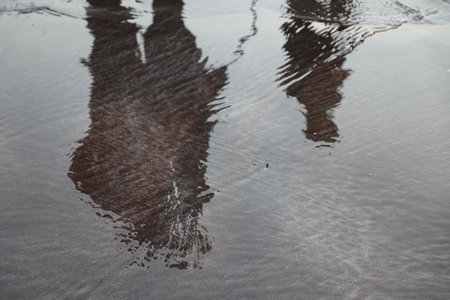 Reflection of a man in the water on a wet sand.の写真素材