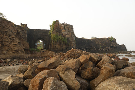 Ancient ruins of an ancient fort in Hampi, Karnataka, Indiaの写真素材