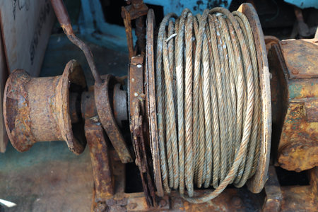 old rusty wire rope in the car, closeup of photo.