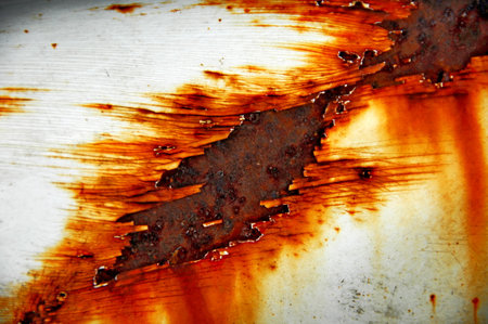 rusty corrugated iron plate with rust and peeling paintの写真素材