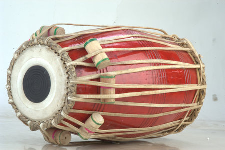 Djembe drums in a museum, closeup of photo