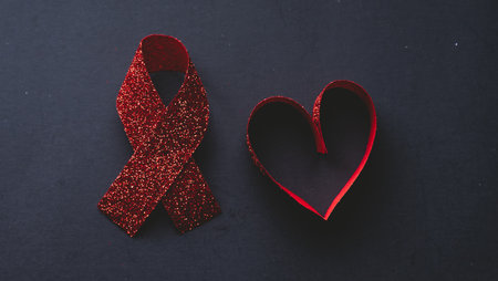 Red ribbon and heart shape on black background. World Aids day concept.