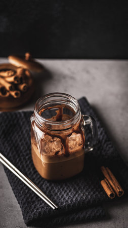 Iced coffee in a glass jar on a dark background, selective focus.