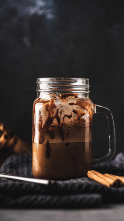 Iced coffee in glass jar with cinnamon sticks on dark background.