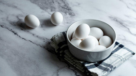White eggs in a bowl on a white marble table. Selective focus.
