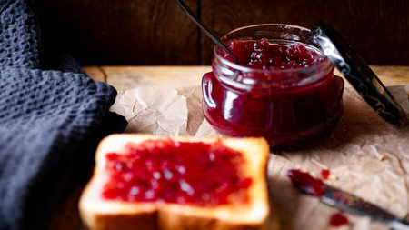 Breakfast with toast and jam in a glass jar on a wooden background