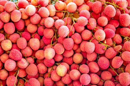 Fresh lychees for sale at the market in Mauritius, east Africaの写真素材