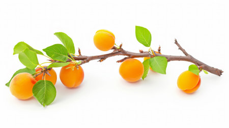 Ripe apricots on a branch with leaves on a white backgroundの素材