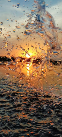 orange light from sun turned the transparent water into orange coloured waterの写真素材