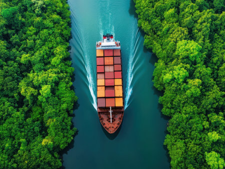 An aerial view showcases a cargo ship moving through a channel bordered by dense, green forest. The vessel is carrying numerous containers and leaves a wake behind it as it navigates the waterway.の素材