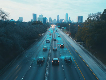 This image shows multiple cars driving on a highway, with a city skyline visible in the distance. The scene depicts modern transportation and urban infrastructure, showcasing a blend of technology and travel. The cars are equipped with advanced systems, suggesting a future of automated driving and connected vehicles.の素材