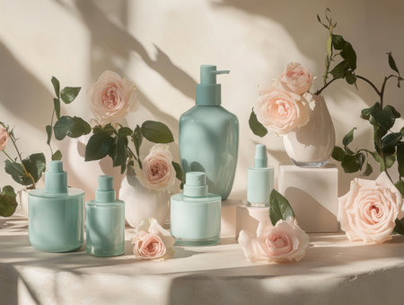 A still life photograph showcases a collection of pastel-colored bottles arranged with delicate pink roses. The composition exudes elegance and tranquility, highlighting the beauty of both the cosmetic products and the floral elements. Soft light and shadows enhance the visual appeal, creating a serene and inviting scene.の素材